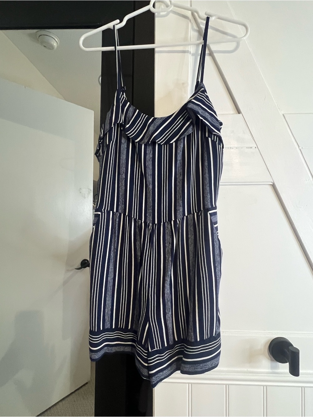 LOFT Petite Navy and White Striped Romper with Ruffle Neckline